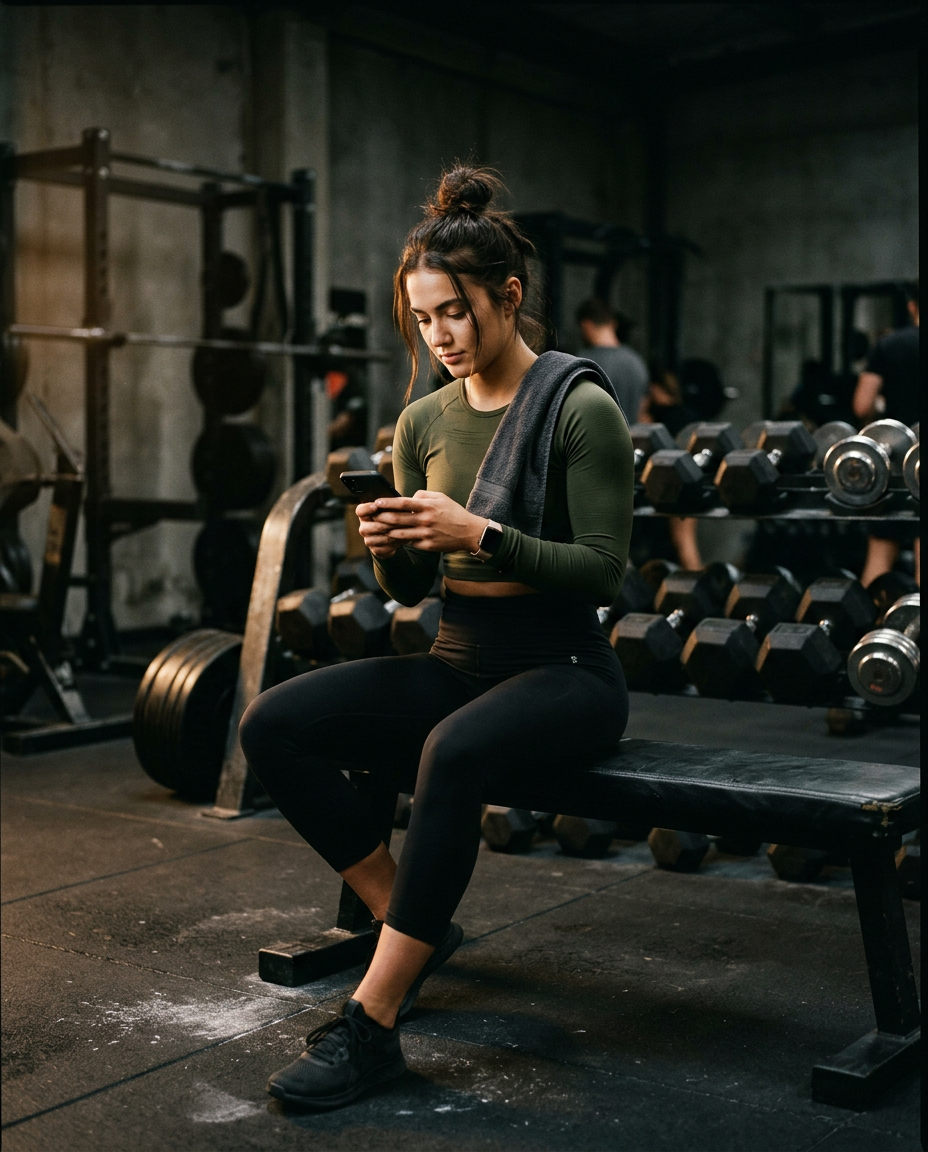 Athlete on a weight bench between sets, checking her phone