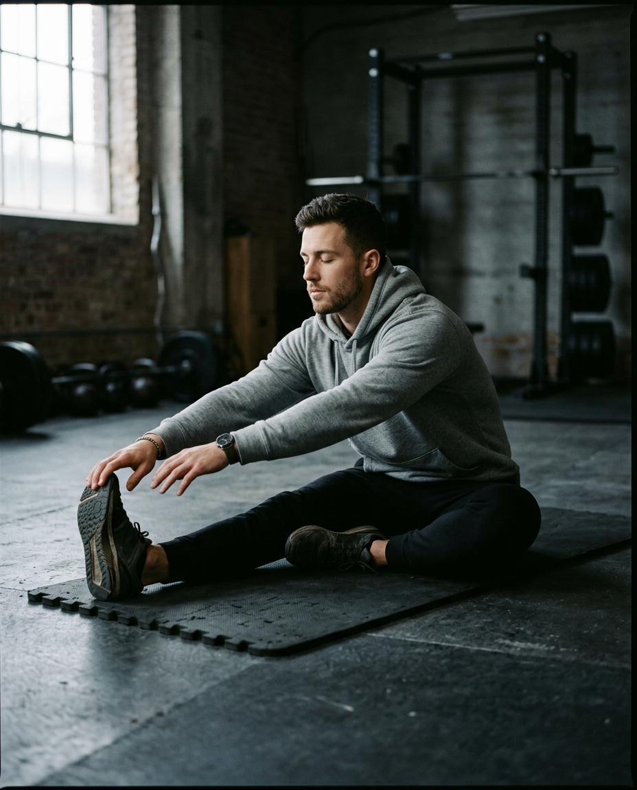 Athlete in a hoodie stretching on a mat in morning light