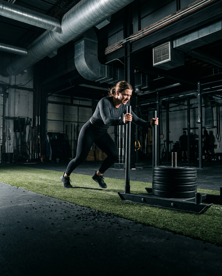 Athlete pushing a weighted sled across turf in a warehouse gym